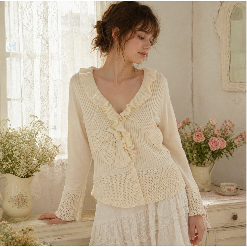 Acorn L XL Cardigan Sweater Ruffle Bow Coquette Dainty Cottagecore Twee Feminine